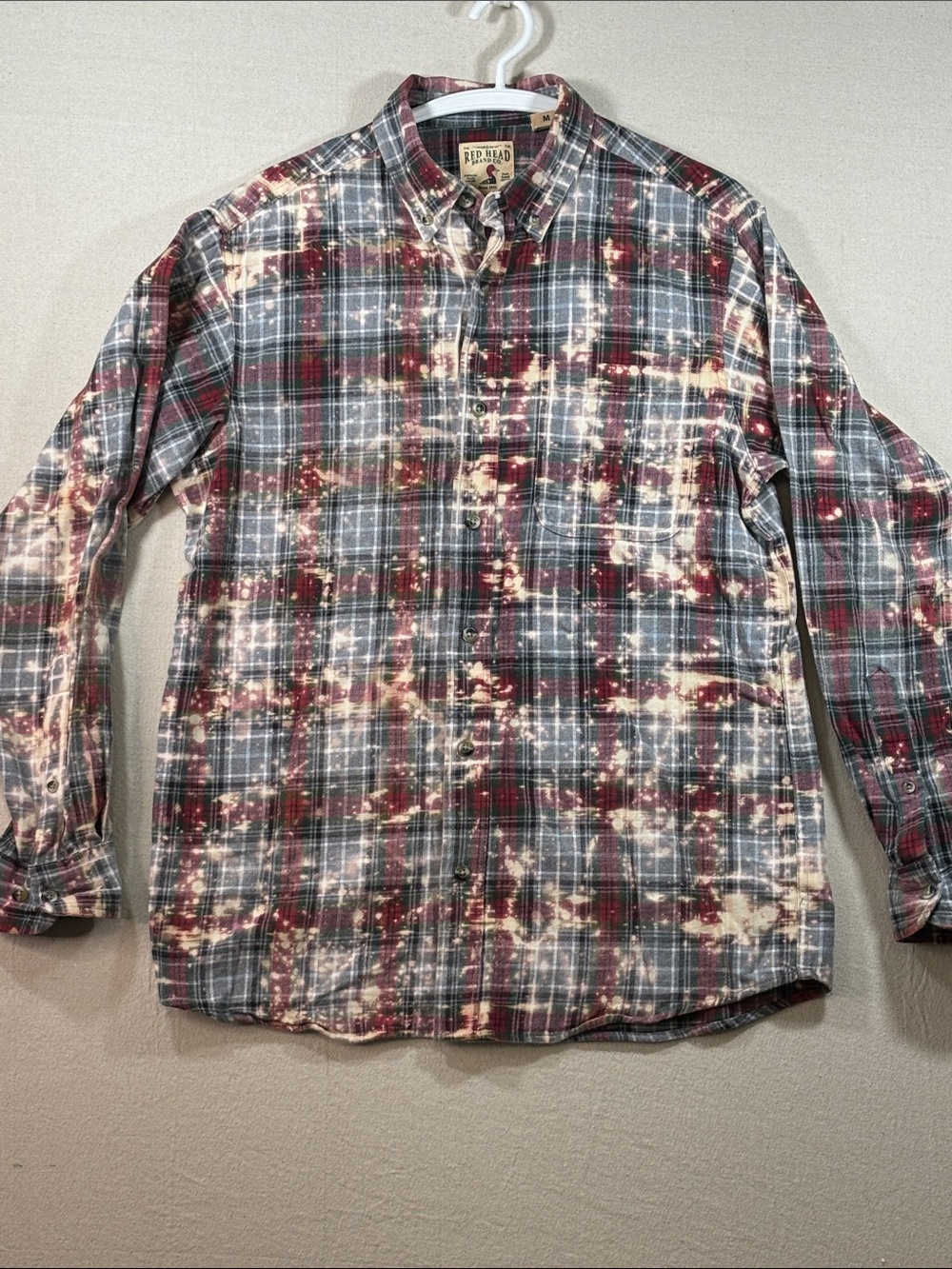 RedHead Plaid Button-Down Shirt in Red, Gray and Cream Bleach Pattern